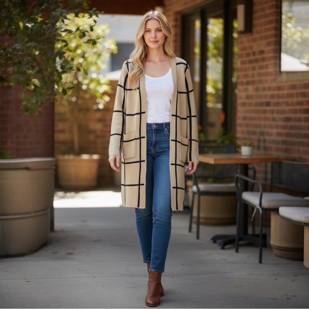 Long Plaid Open-Front Cardigan Sweater in Beige